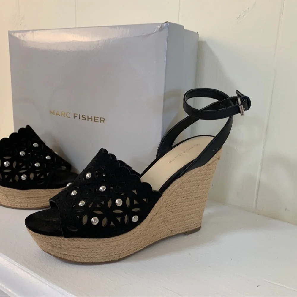 Marc Fisher Hata Espadrille Wedge Sandal, 9.5 blk